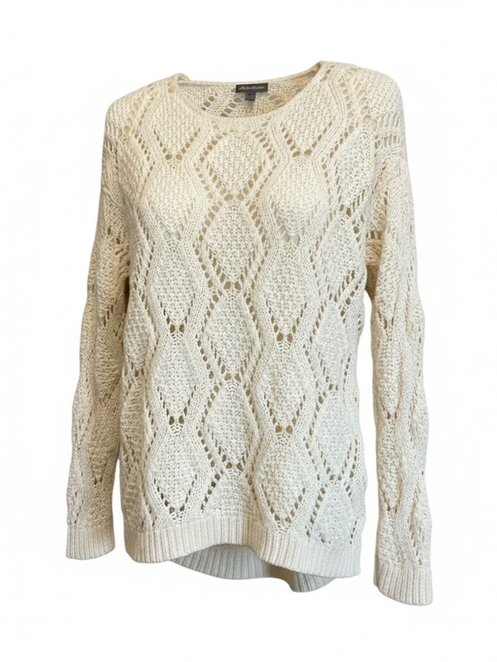 Eddie Bauer Women’s Cream Open Knit Crochet Sweater Long Sleeve Hi Low
